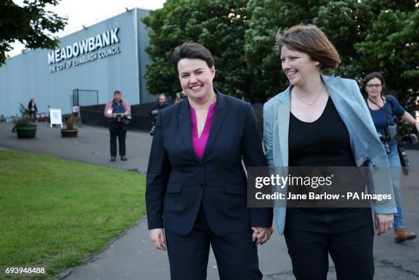 Scottish Conservative leader Ruth Davidson and her partner Jen Wilson leave Meadowbank Sports Centre in Edinburgh, as counting is under way for the...