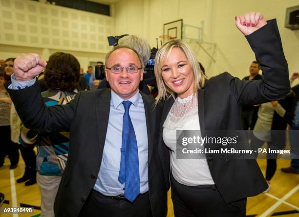 Newly elected Sinn Fein MP for West Tyrone Barry McElduff MP with Sinn Fein leader in Northern Ireland Michelle O'Neill, at the Omagh Leisure...