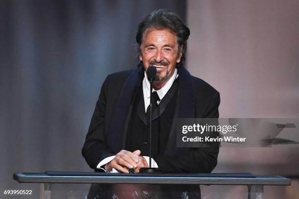 Actor Al Pacino speaks onstage during American Film Institute's 45th Life Achievement Award Gala Tribute to Diane Keaton at Dolby Theatre on June 8,...