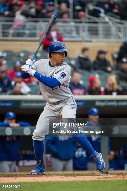 Raul Mondesi of the Kansas City Royals bats against the Minnesota Twins on May 21, 2017 at Target Field in Minneapolis, Minnesota. The Twins defeated...