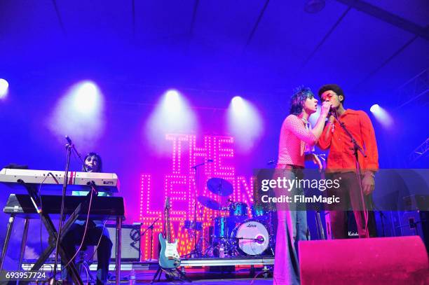 Recording artists Brian D'Addario, Michael D'Addario, and Danny Ayala of The Lemon Twigs perform onstage at That Tent during Day 1 of the 2017...