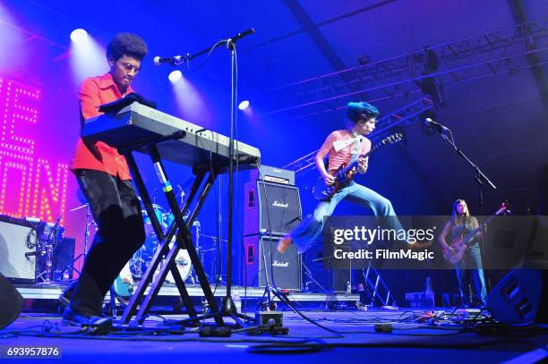 Recording artists Danny Ayala, Michael D'Addario, and Megan Zeankowski of The Lemon Twigs perform onstage at That Tent during Day 1 of the 2017...