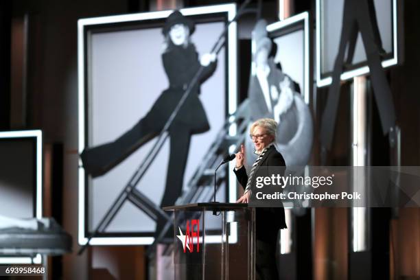 Actor Meryl Streep speaks onstage during American Film Institute's 45th Life Achievement Award Gala Tribute to Diane Keaton at Dolby Theatre on June...