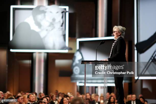 Actor Meryl Streep speaks onstage during American Film Institute's 45th Life Achievement Award Gala Tribute to Diane Keaton at Dolby Theatre on June...