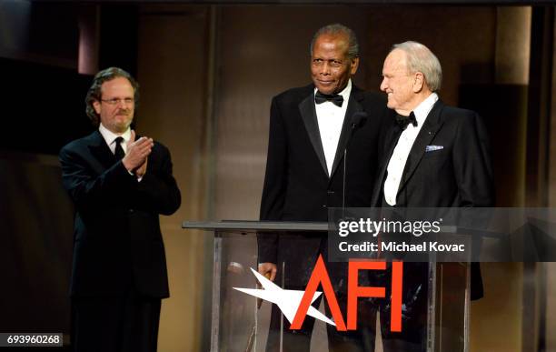 President and CEO Bob Gazzale, Actor Sidney Poitier, and writer George Stevens Jr. Onstage at American Film Institute's 45th Life Achievement Award...