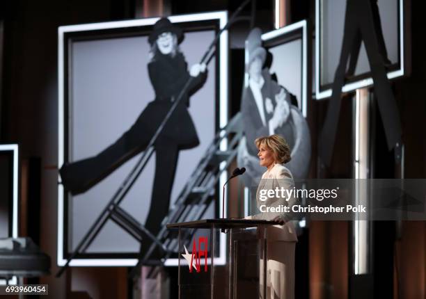 Actor Jane Fonda speaks onstage during American Film Institute's 45th Life Achievement Award Gala Tribute to Diane Keaton at Dolby Theatre on June 8,...