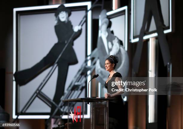 Comedian Sarah Silverman speaks onstage during American Film Institute's 45th Life Achievement Award Gala Tribute to Diane Keaton at Dolby Theatre on...