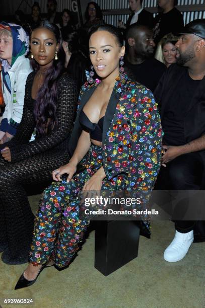 Singer Justine Skye (L and actor Serayah attend Moschino Spring/Summer 18 Menswear and Women's Resort Collection at Milk Studios on June 8, 2017 in...