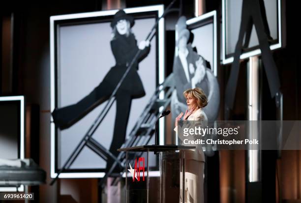 Actor Jane Fonda speaks onstage during American Film Institute's 45th Life Achievement Award Gala Tribute to Diane Keaton at Dolby Theatre on June 8,...