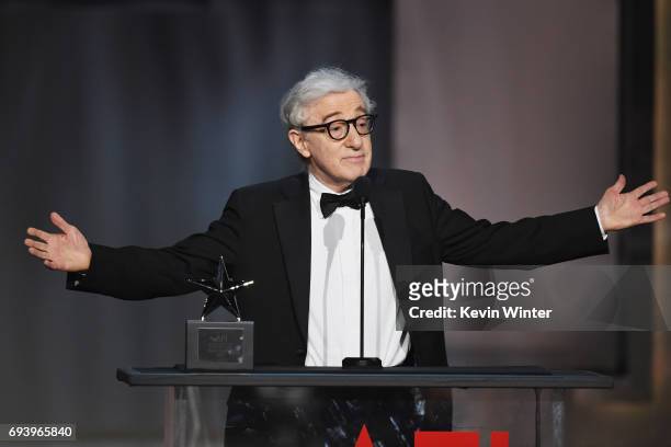 Director-actor Woody Allen speaks onstage during American Film Institute's 45th Life Achievement Award Gala Tribute to Diane Keaton at Dolby Theatre...