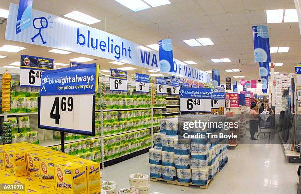 Kmarts "Bluelight Wall Of Values" aisle is displayed inside a BIG Kmart store January 22, 2002 in Chicago, Il. Kmart Corporation filed for bankruptcy...