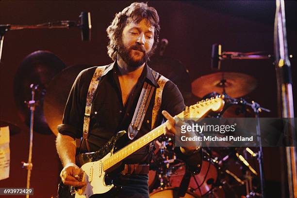 English guitarist Eric Clapton performing on stage, 1975.