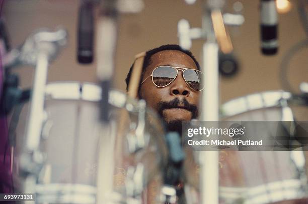 Panamanian-American jazz drummer Billy Cobham performing at Crystal Palace Garden Party, London, 7th June 1975.