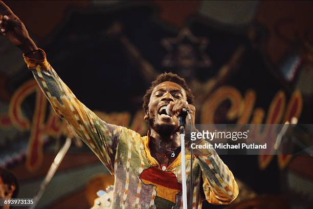 Jamaican reggae musician Jimmy Cliff performing at the Capital Radio Jazz Festival at Knebworth House, Hertfordshire, 17th July 1982.