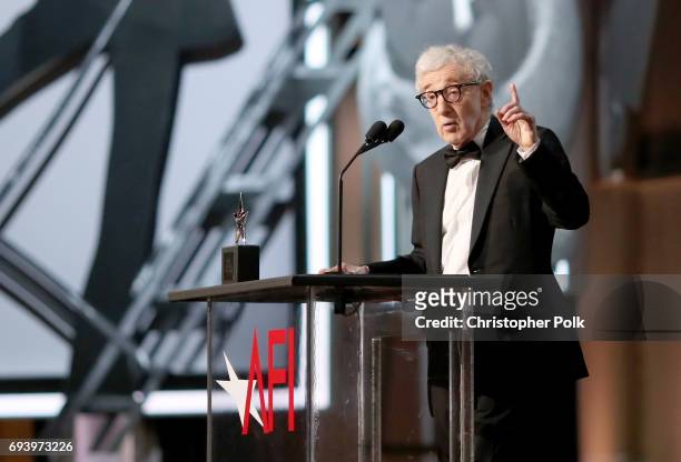 Director Woody Allen speaks onstage during American Film Institute's 45th Life Achievement Award Gala Tribute to Diane Keaton at Dolby Theatre on...