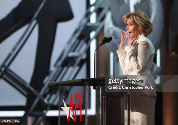Actor Jane Fonda speaks onstage during American Film Institute's 45th Life Achievement Award Gala Tribute to Diane Keaton at Dolby Theatre on June 8,...