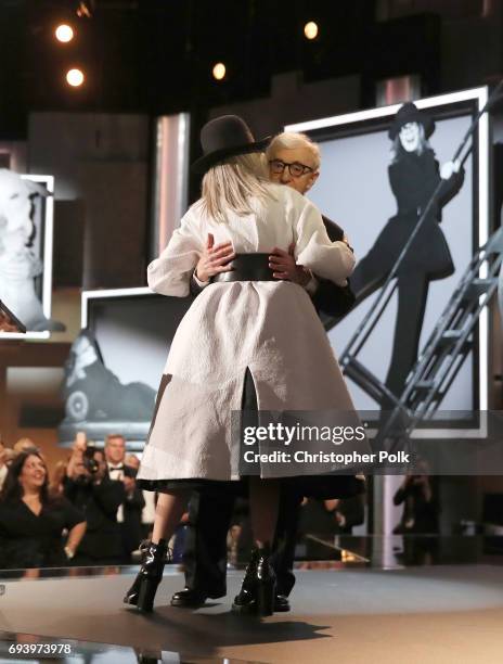 Director Woody Allen and honoree Diane Keaton speak onstage during American Film Institute's 45th Life Achievement Award Gala Tribute to Diane Keaton...