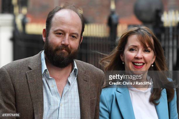 Theresa May's advisers Nick Timothy and Fiona Hill are pictured outside Conservative Party Headquaters on June 9, 2017 in London, England. After a...