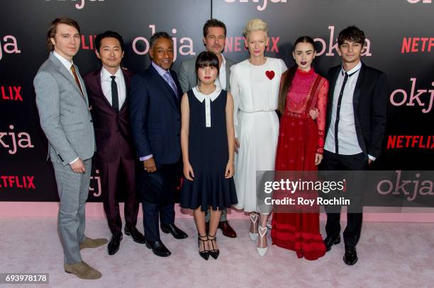 Cast members Paul Dano, Stephen Yeun, Giancarlo Esposito, Ahn Seo-hyun, Brad Pitt, Tilda Swinton, Lily Collins and Devon Bostick attends the New York...