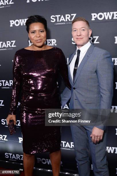 Writer Courtney Kemp, creator and Executive Producer of the Starz series, "Power", on the red carpet with series star Joseph Sikora at the...