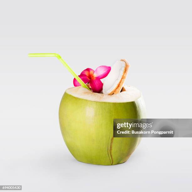 fresh green young coconuts fruit isolated on grey background - green coconut stock-fotos und bilder