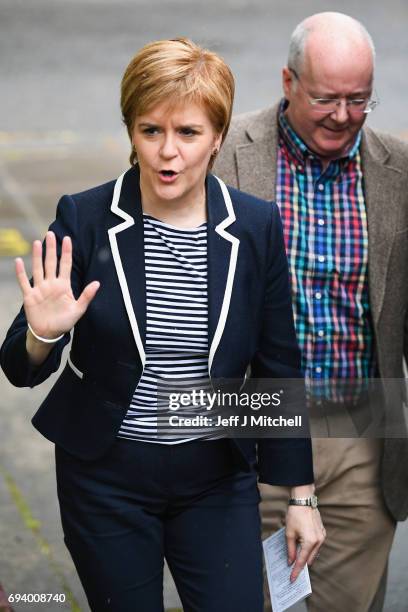 Leader Nicola Sturgeon arriving to cast her vote in the general election at Broomhouse Community Hall on June 8, 2017 in Glasgow, Scotland.Millions...