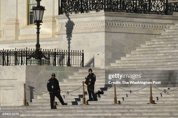 June 08: Guards outside the Capitol the morning before former FBI director James B. Comey appears before the Senate Intelligence Committee on...