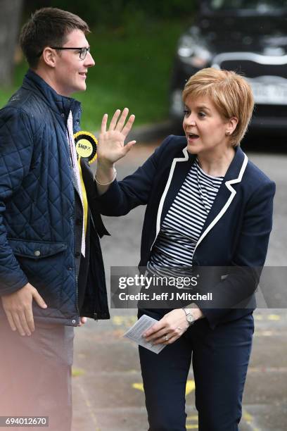 Leader Nicola Sturgeon arriving to cast her vote in the general election with her husband Peter Murrel at Broomhouse Community Hall on June 8, 2017...