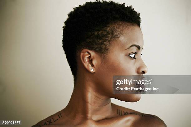 profile of serious black woman - intense portrait woman face foto e immagini stock