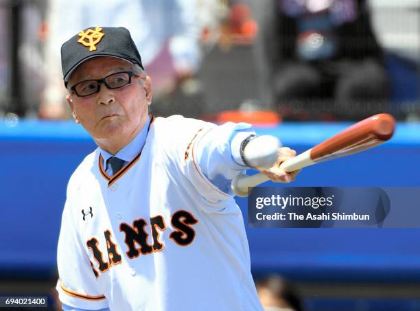 Former baseball player Shigeo Nagashima at bat at the renewal opening ceremony of the Shigeo Nagashima Memorial Iwana Stadium on June 4, 2017 in...