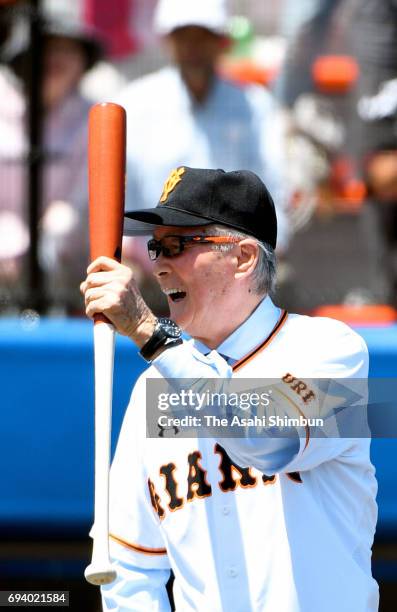 Former baseball player Shigeo Nagashima at bat at the renewal opening ceremony of the Shigeo Nagashima Memorial Iwana Stadium on June 4, 2017 in...