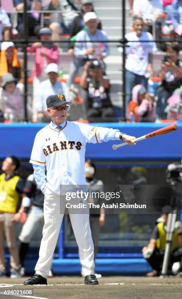 Former baseball player Shigeo Nagashima at bat at the renewal opening ceremony of the Shigeo Nagashima Memorial Iwana Stadium on June 4, 2017 in...