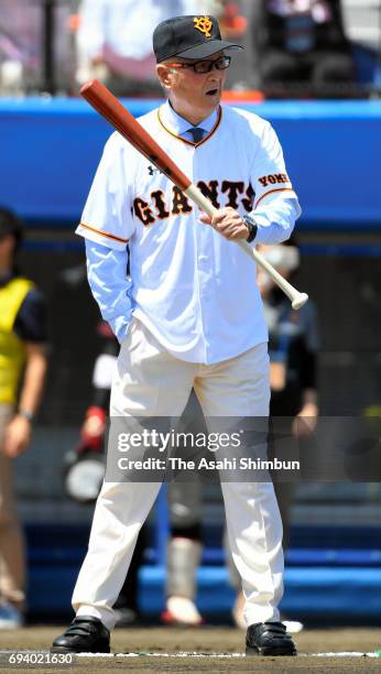 Former baseball player Shigeo Nagashima at bat at the renewal opening ceremony of the Shigeo Nagashima Memorial Iwana Stadium on June 4, 2017 in...