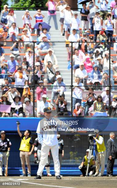 Former baseball player Shigeo Nagashima at bat at the renewal opening ceremony of the Shigeo Nagashima Memorial Iwana Stadium on June 4, 2017 in...