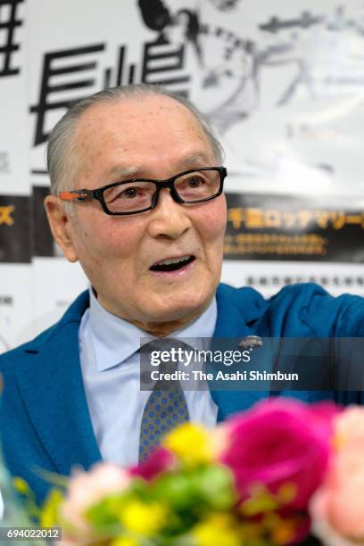 Former baseball player Shigeo Nagashima speaks at the renewal opening ceremony of the Shigeo Nagashima Memorial Iwana Stadium on June 4, 2017 in...