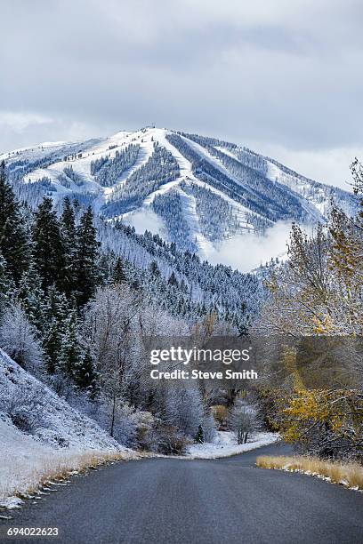 road to snowy mountain - sun valley foto e immagini stock