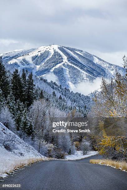 road to snowy mountain - sun valley stockfoto's en -beelden