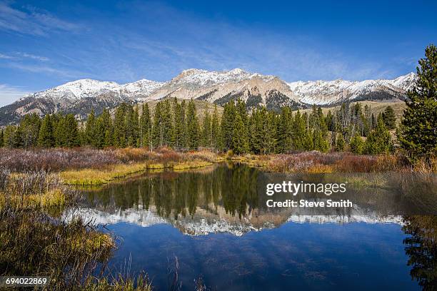 reflection of mountain in river - ketchum idaho stock-fotos und bilder