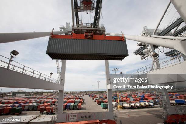 crane lifting cargo container at port - unloading stock pictures, royalty-free photos & images