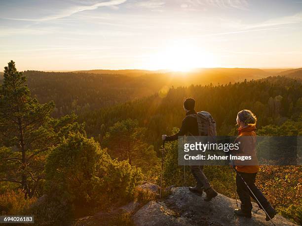 man and woman hiking at sunset - svensk skog bildbanksfoton och bilder