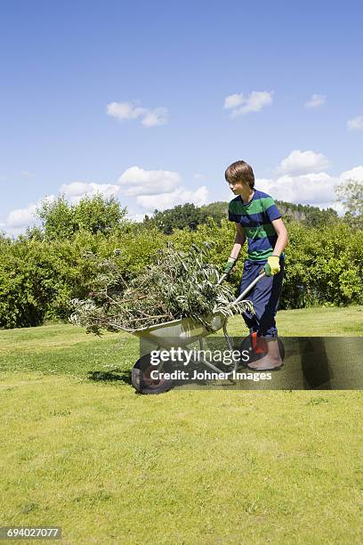 boy pushing wheelbarrow - deeltijdbaan stockfoto's en -beelden