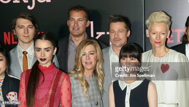 Actors Paul Dano, Lily Collins, producer Dede Gardner, actor/producer Brad Pitt, actors Ahn Seo-yun and Tilda Swinton attend The New York premiere of...
