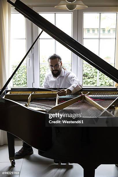 piano tuner tuning grand piano - tuning stock pictures, royalty-free photos & images