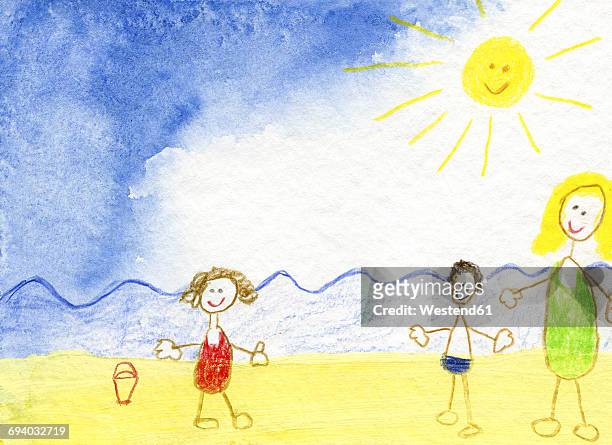 children's drawing of happy family on the beach - sorglos stock-grafiken, -clipart, -cartoons und -symbole