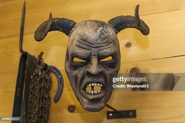handcrafted wooden krampus mask - krampus stock pictures, royalty-free photos & images