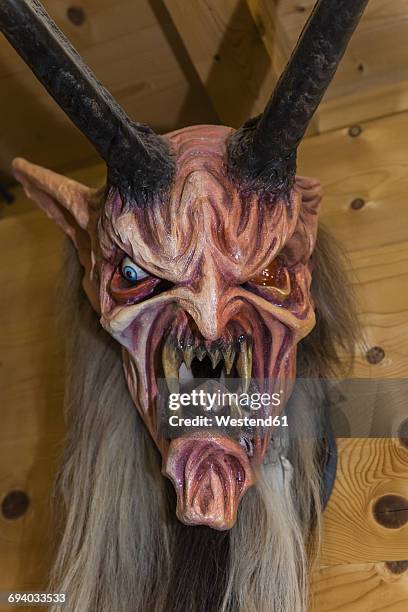 handcrafted wooden krampus mask - krampus stock pictures, royalty-free photos & images