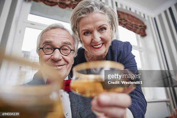 portrait of happy senior couple holding champagne glasses - bonding stock pictures, royalty-free photos & images