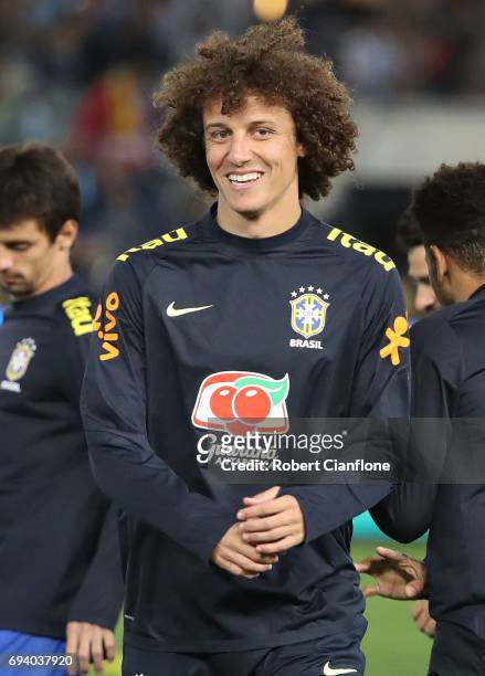David Luiz of Brazil warms up for the Brazil Global Tour match between Brazil and Argentina at Melbourne Cricket Ground on June 9, 2017 in Melbourne,...