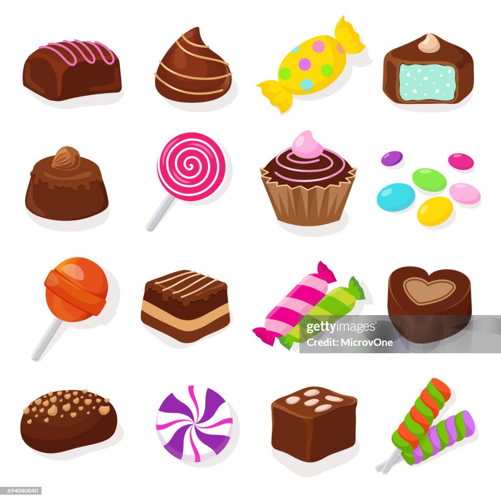 Chupetines Y Caramelos De Dulce Chocolate Negro De Dibujos Animados  Conjunto De Vectores Ilustración de stock - Getty Images