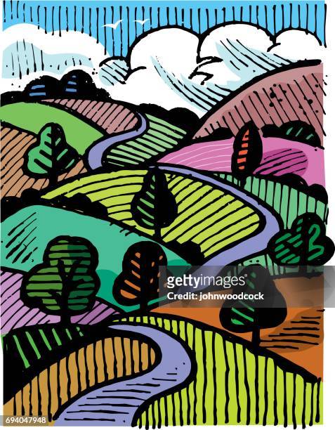 hand drawn landscape illustration - winding road illustration stock illustrations